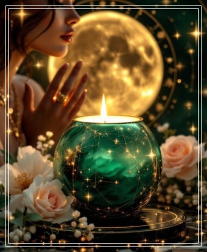 Luksusowa scena astrologiczna z zielono‑złotą świecą rytualną, delikatnymi kwiatami i energią Pełni Księżyca w Wadze. Zmysłowa, kobieca aura, złoty blask, harmonia i magia manifestacji.