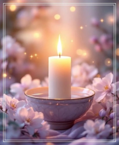 Pełnia w Skorpionie .jpg  Paląca się biała świeca, w białej ceramicznej salaterce, wypełnionej czystą wodą.  Tło rozświetlone, ukwiecone w kolorach pudrowego różu i fioletu
