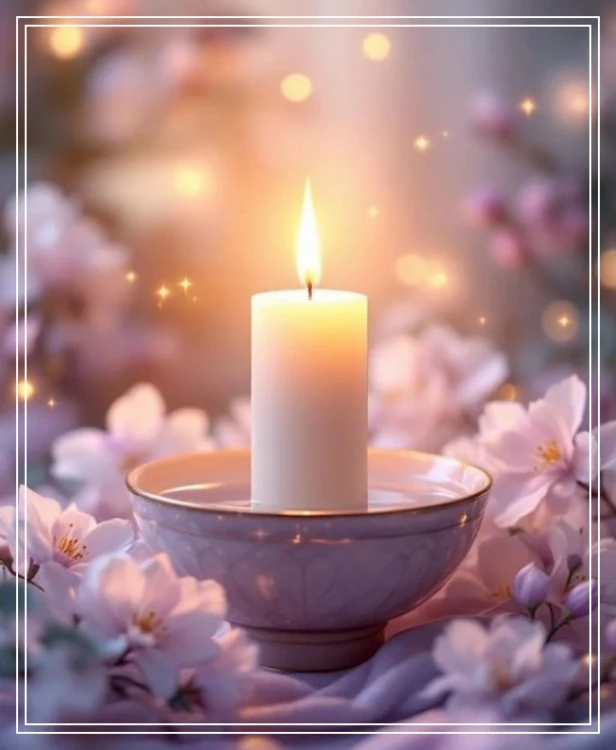 Pełnia w Skorpionie .jpg  Paląca się biała świeca, w białej ceramicznej salaterce, wypełnionej czystą wodą.  Tło rozświetlone, ukwiecone w kolorach pudrowego różu i fioletu